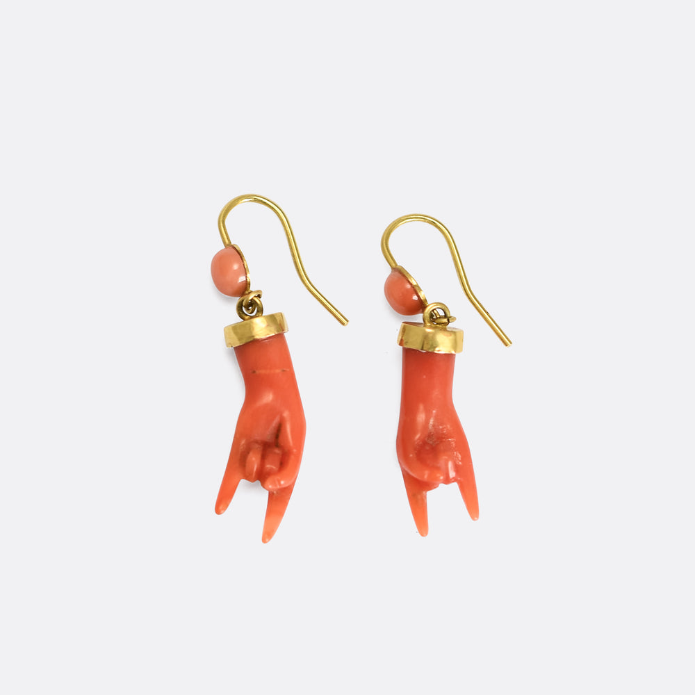 Victorian Coral & Gold Mano Figa Earrings
