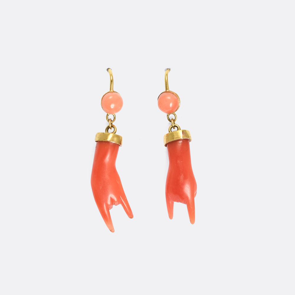 Victorian Coral & Gold Mano Figa Earrings