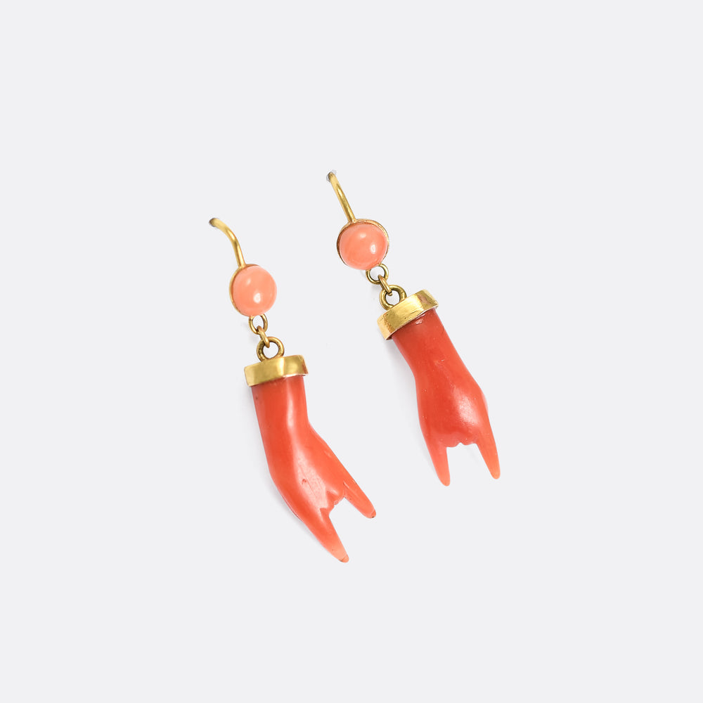 Victorian Coral & Gold Mano Figa Earrings