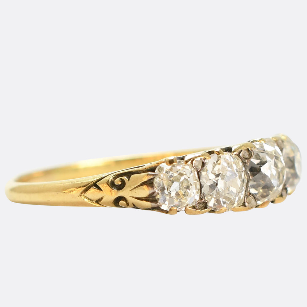Victorian Diamond 5-Stone Carved Half Hoop Ring