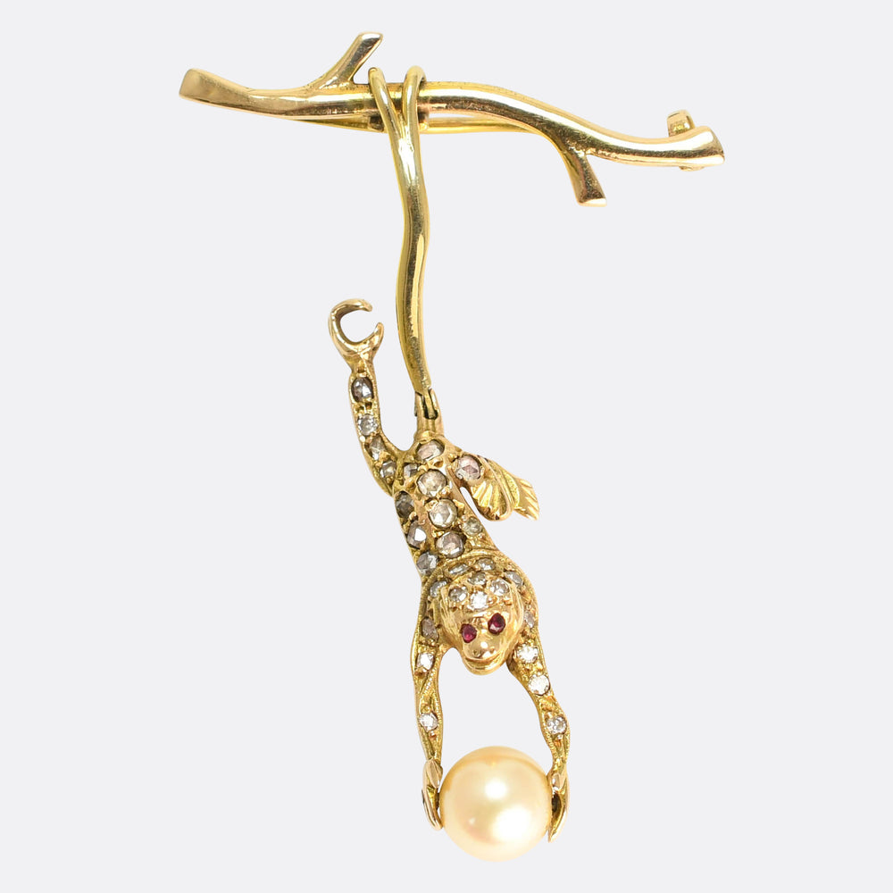 Victorian Diamond & Pearl Swinging Monkey Brooch