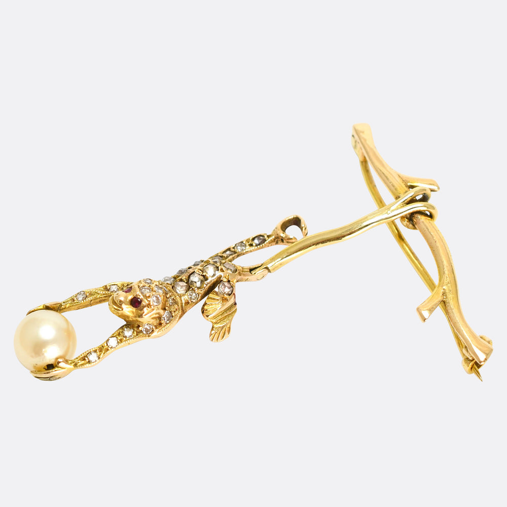 Victorian Diamond & Pearl Swinging Monkey Brooch