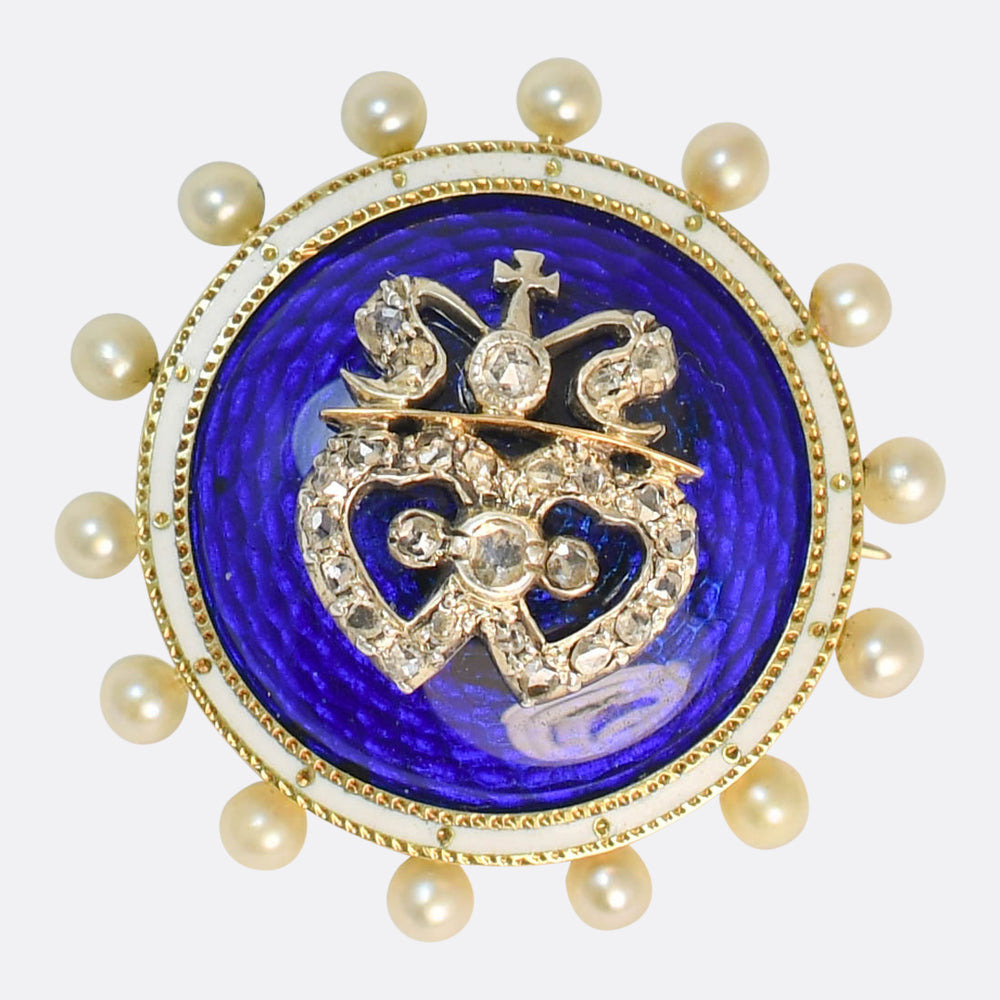 Victorian Diamond, Pearl & Enamel Intertwined Heart Brooch