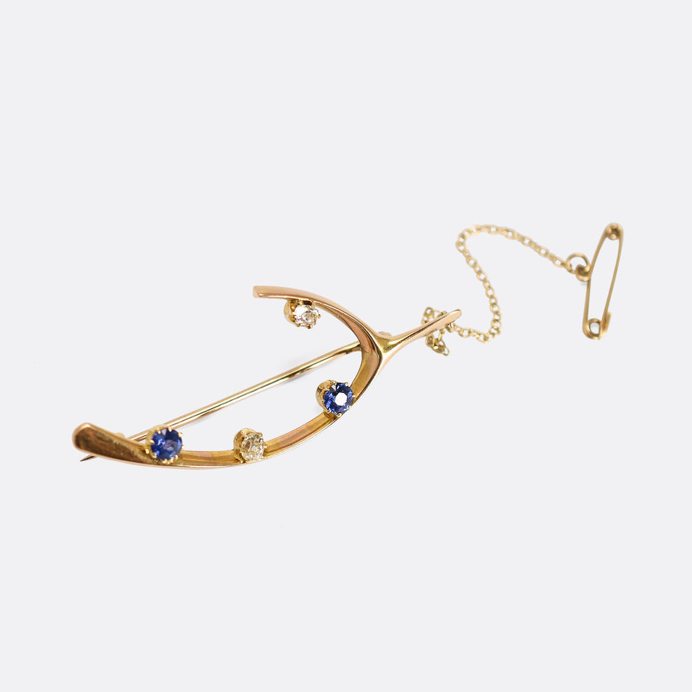 Victorian Diamond & Sapphire Wishbone Brooch