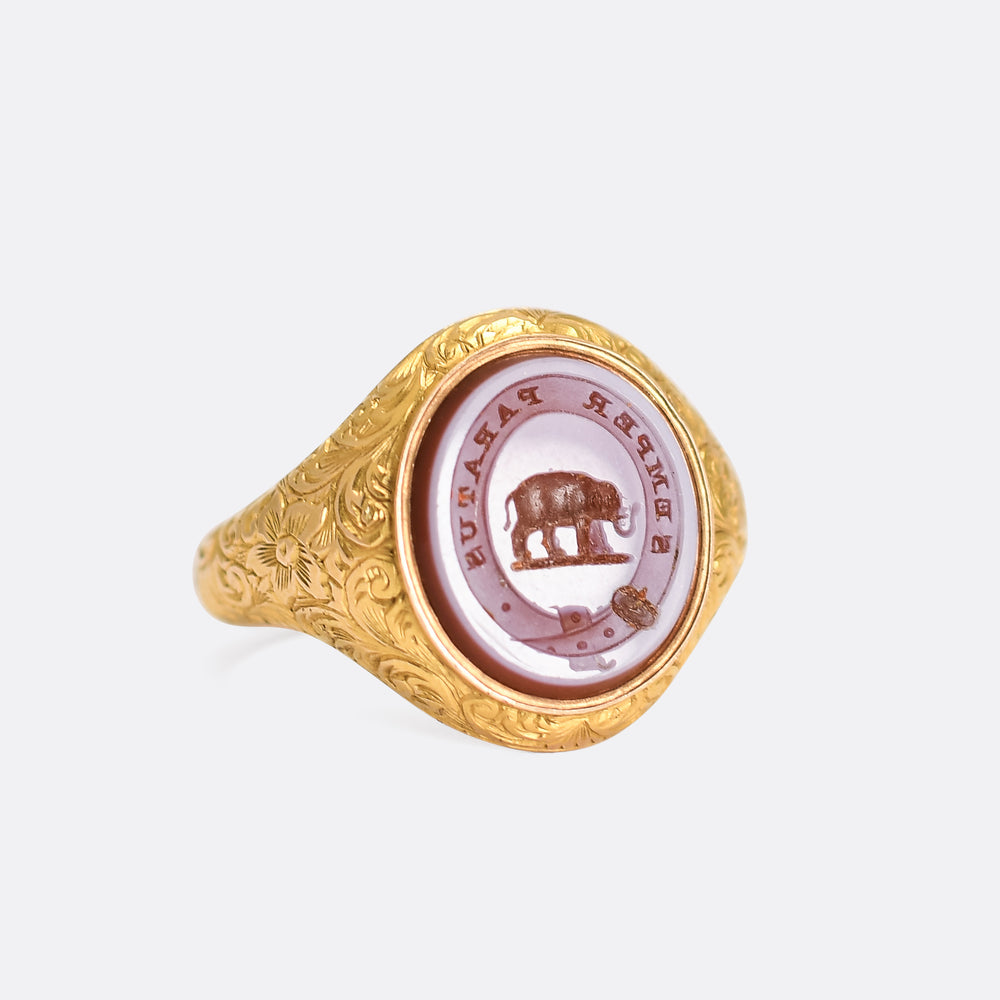 Victorian Elephant SEMPER PARITUS Intaglio Signet Ring