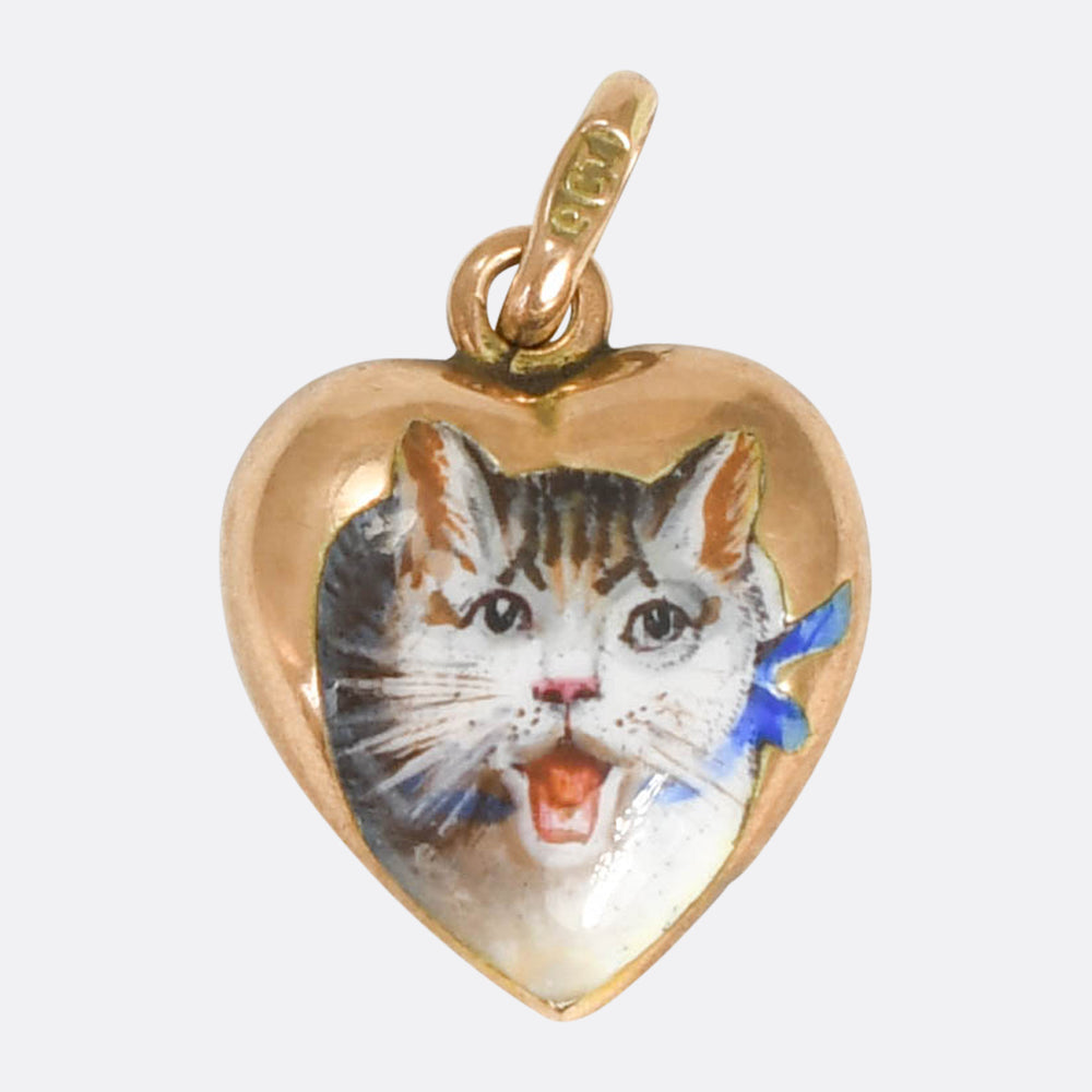 Victorian Enamel Cat Puffed Heart Charm