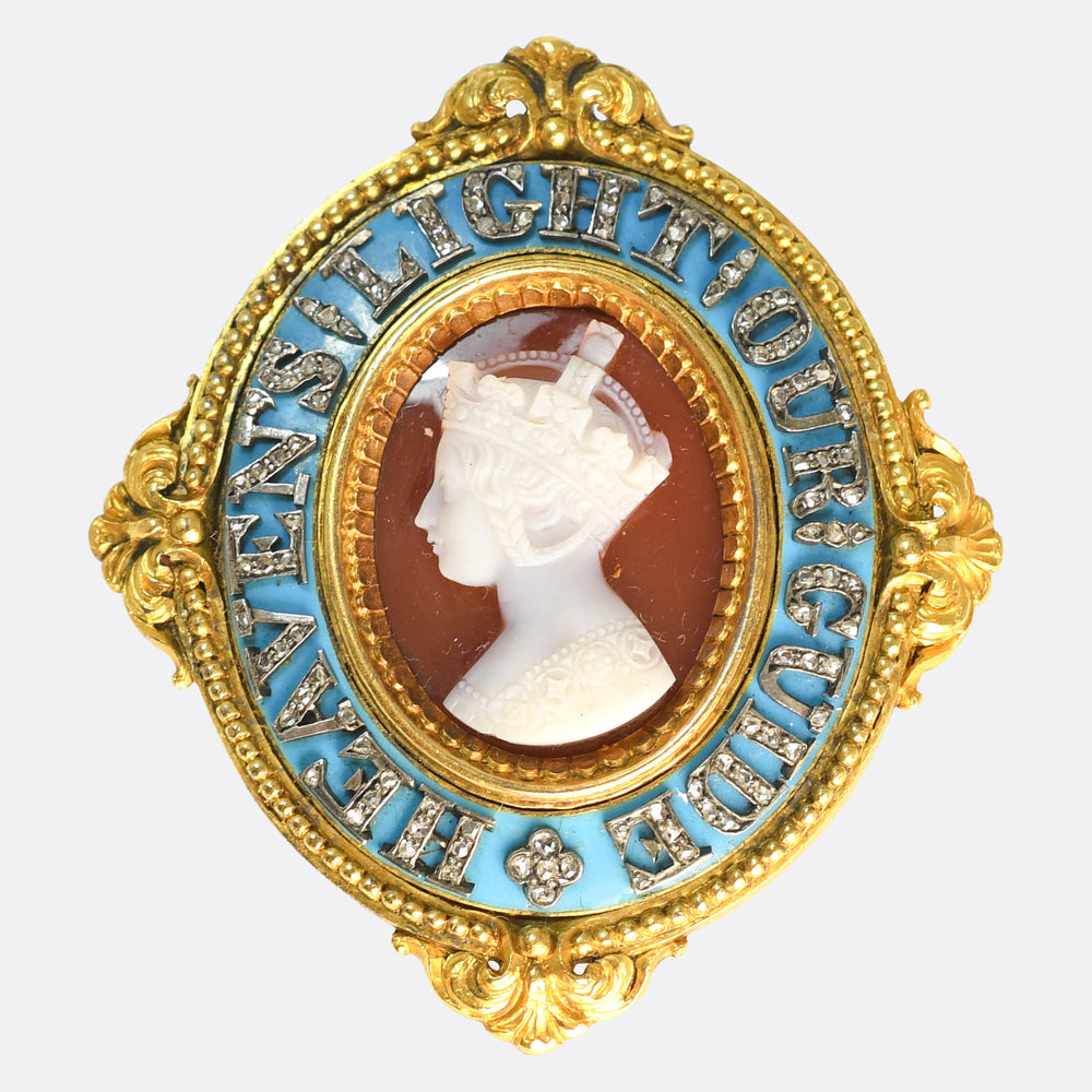 Victorian Enamel & Diamond Cameo Heavens Light Our Guide Medal Brooch