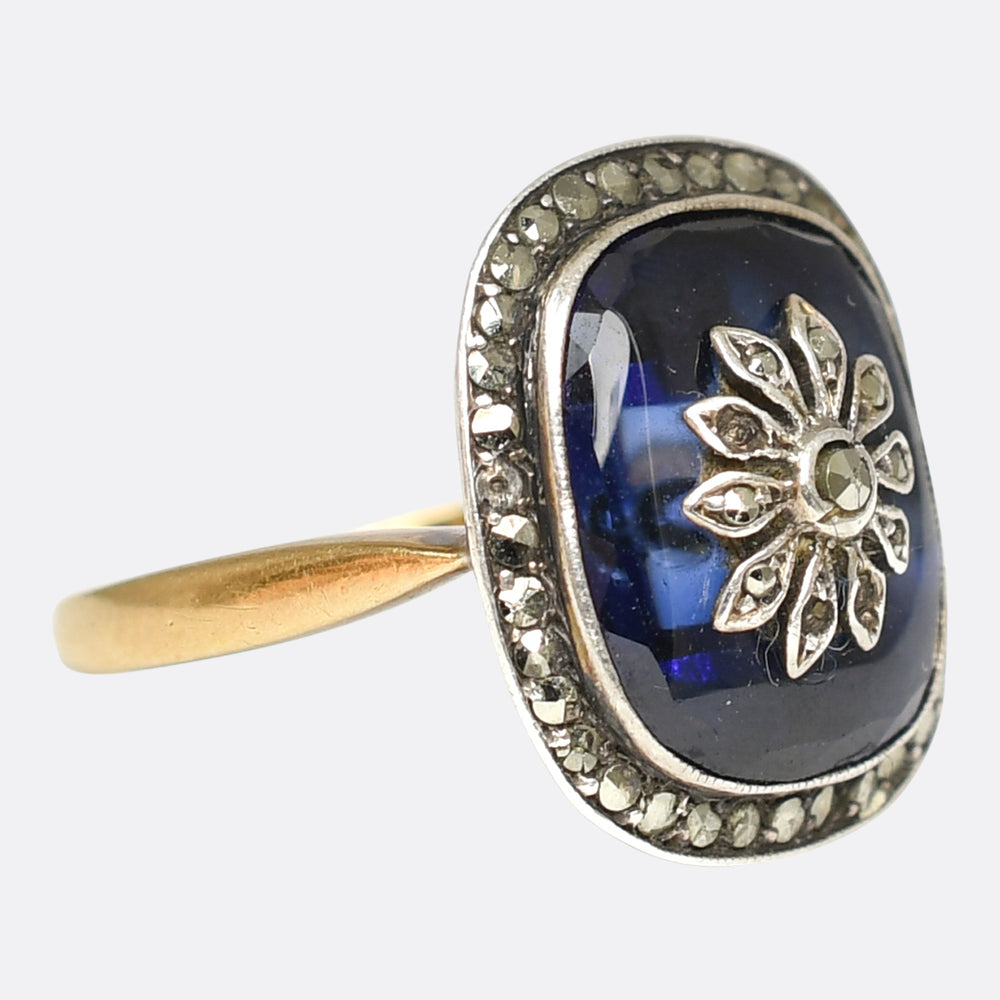 Victorian Marcasite & Blue Glass Flower Cluster Ring