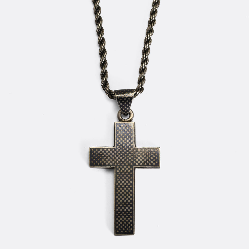 Victorian Niello Cross Pendant & Silver Chain