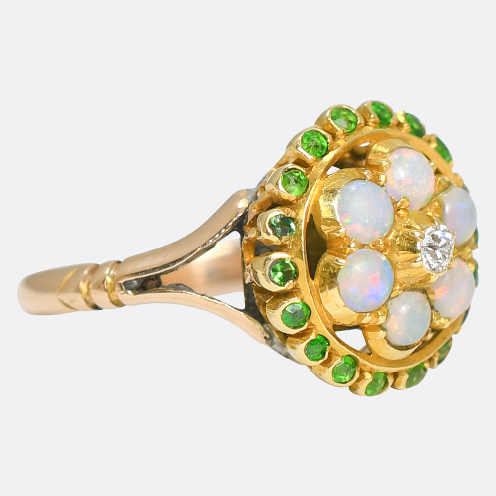 Victorian Opal, Diamond & Demantoid Garnet Cluster Ring
