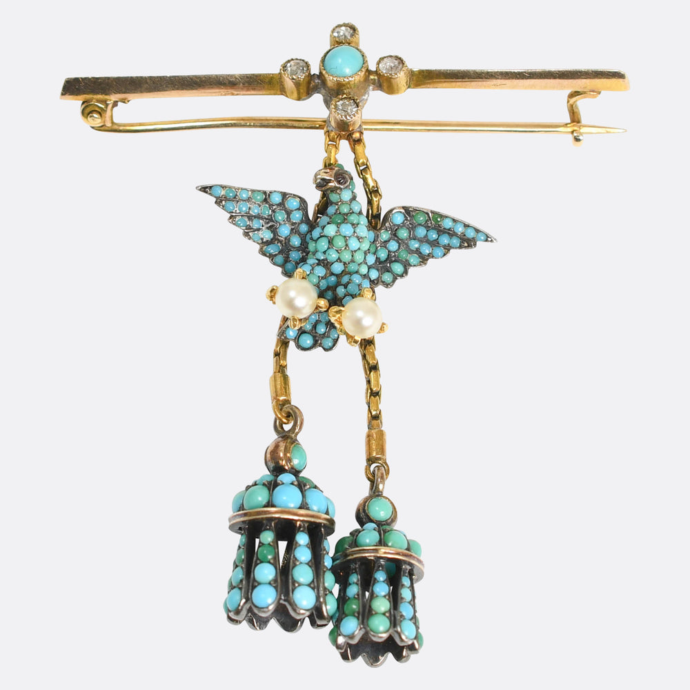 Victorian Pavé Turquoise, Pearl & Diamond Eagle Tassel Brooch