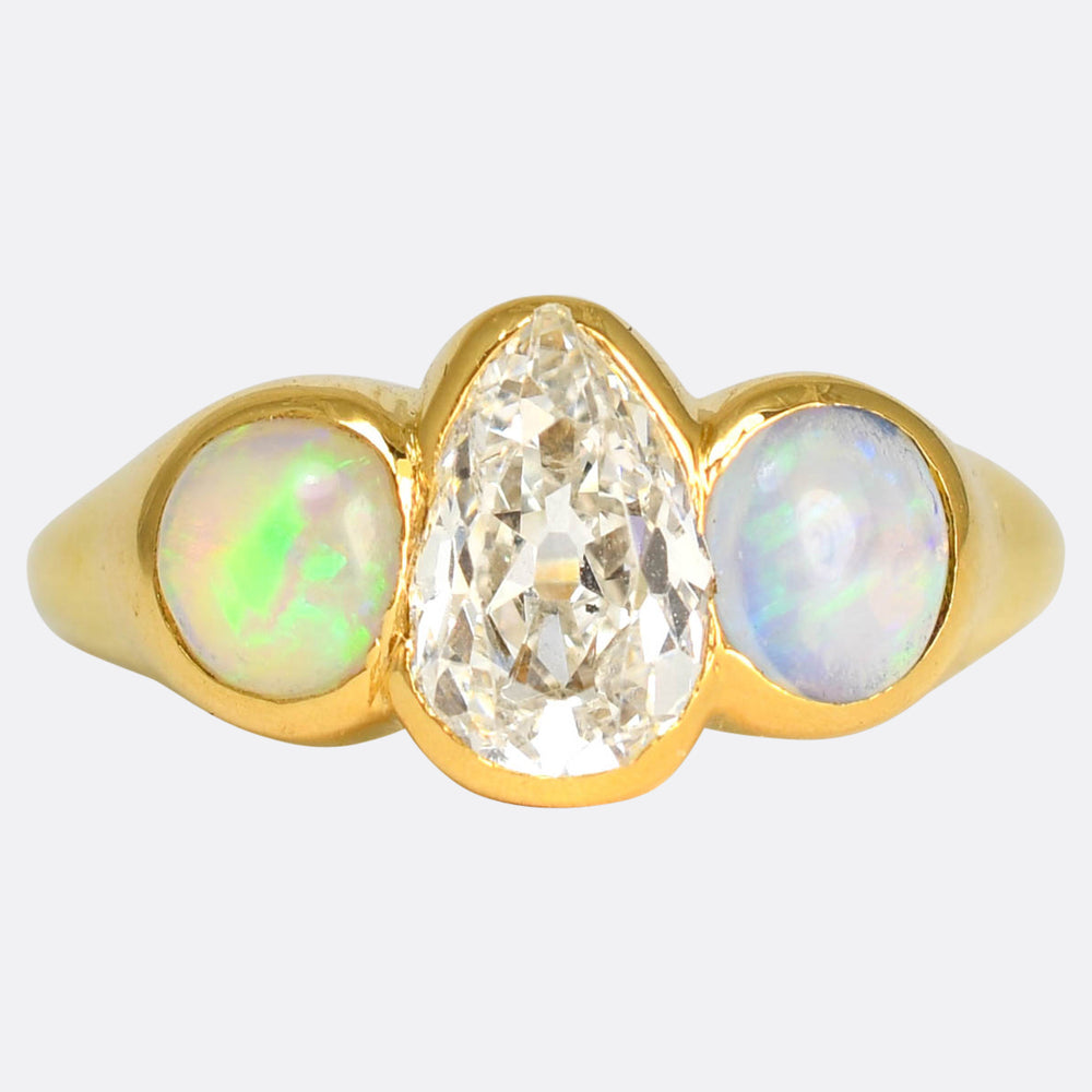 Victorian Pear Cut Diamond & Opal 3-Stone Ring