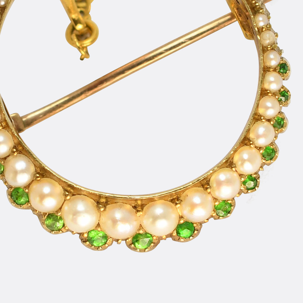 Victorian Pearl & Demantoid Garnet Crescent Brooch