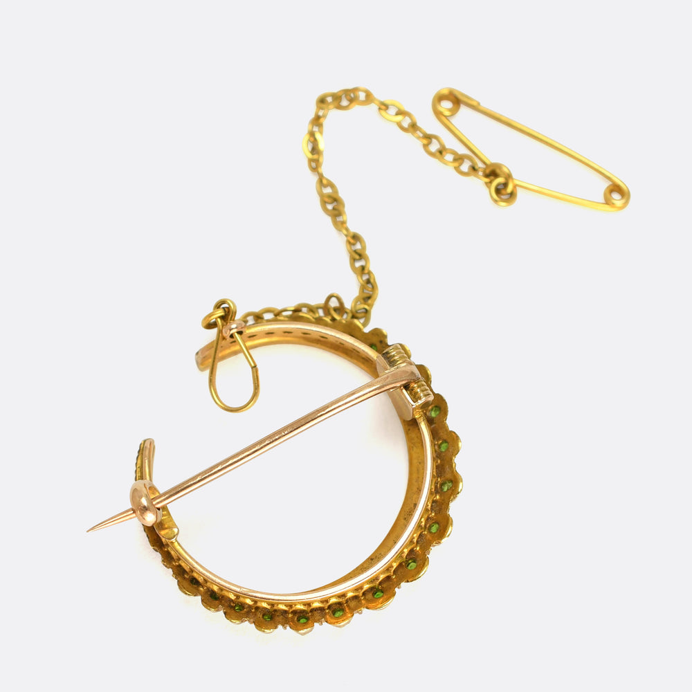 Victorian Pearl & Demantoid Garnet Crescent Brooch