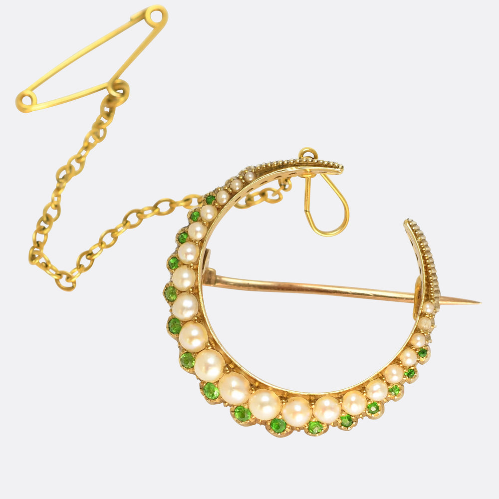 Victorian Pearl & Demantoid Garnet Crescent Brooch
