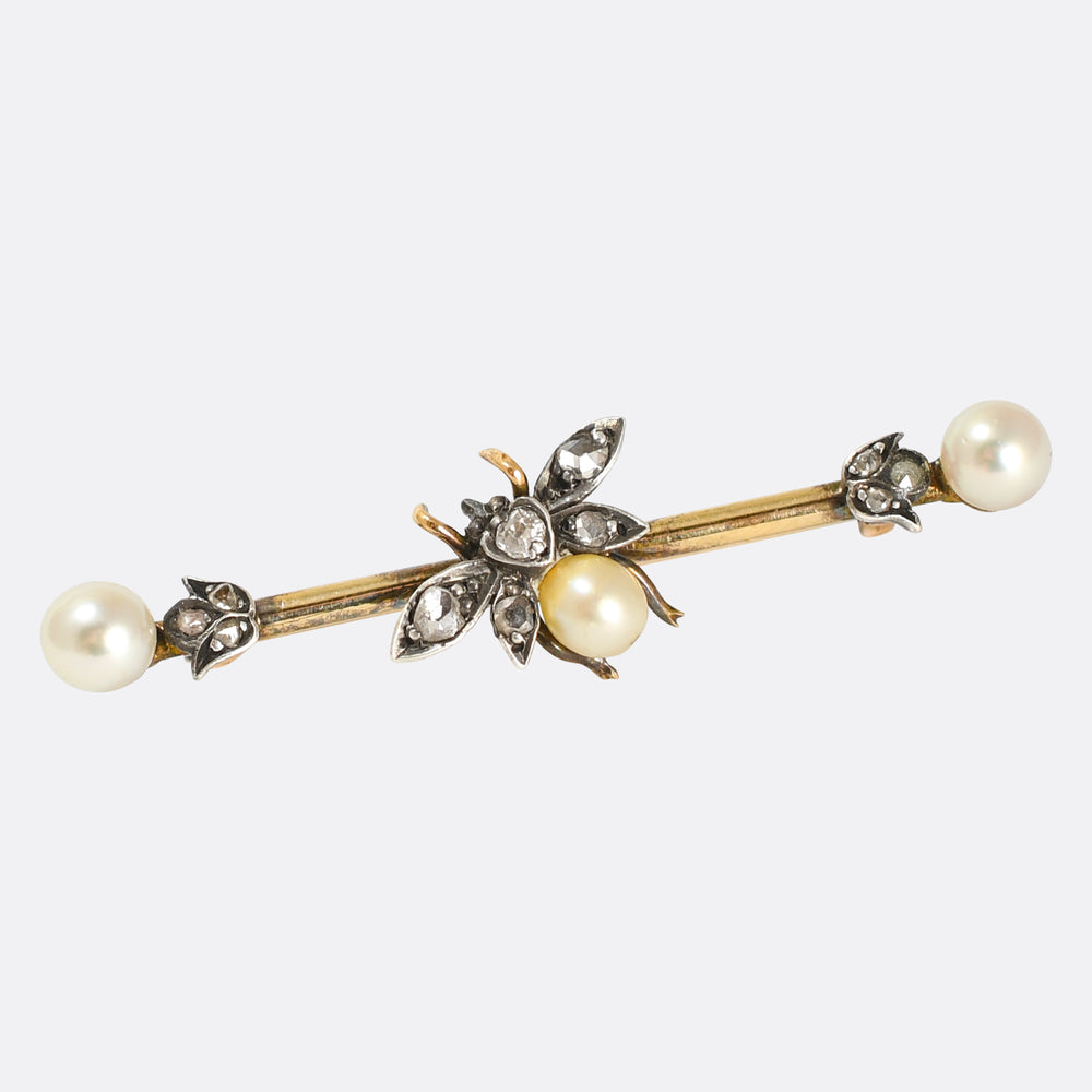 Victorian Pearl & Rose Cut Diamond Insect Bar Brooch