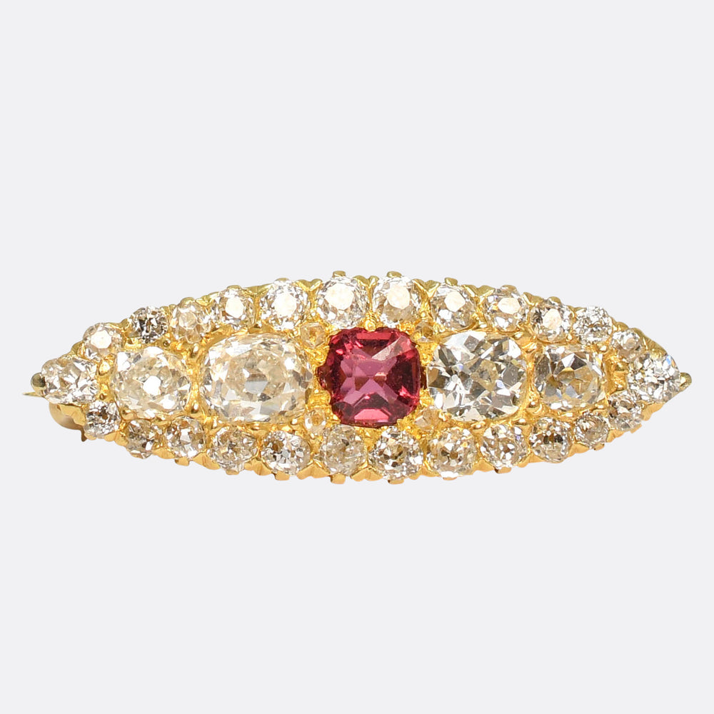 Victorian Ruby & Diamond Cluster Navette Brooch