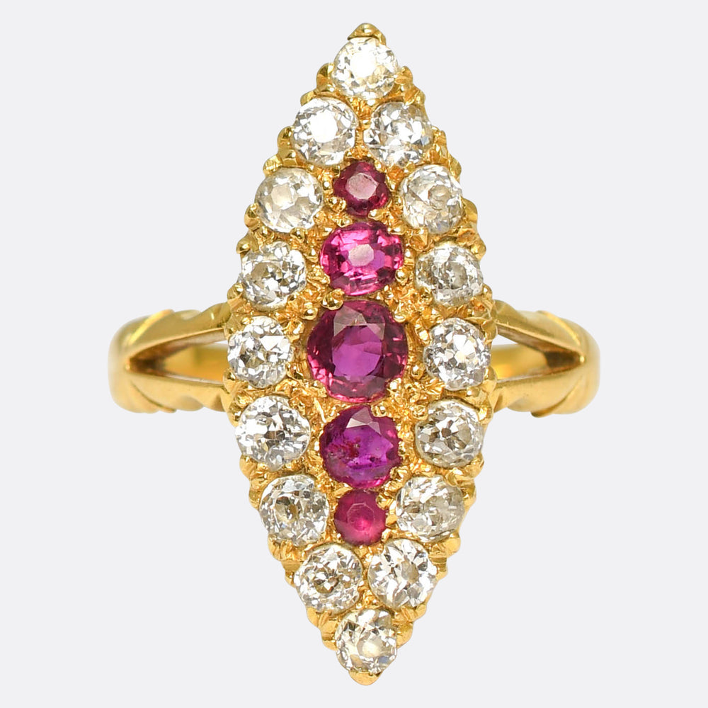 Victorian Ruby & Diamond Cluster Navette Ring