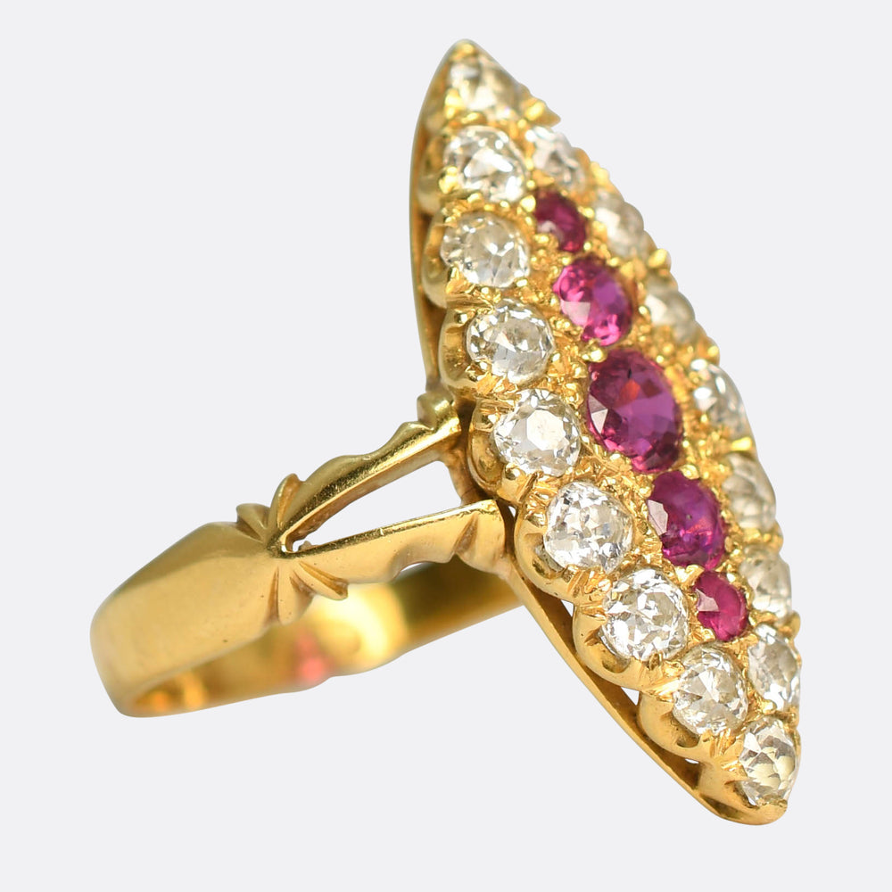 Victorian Ruby & Diamond Cluster Navette Ring