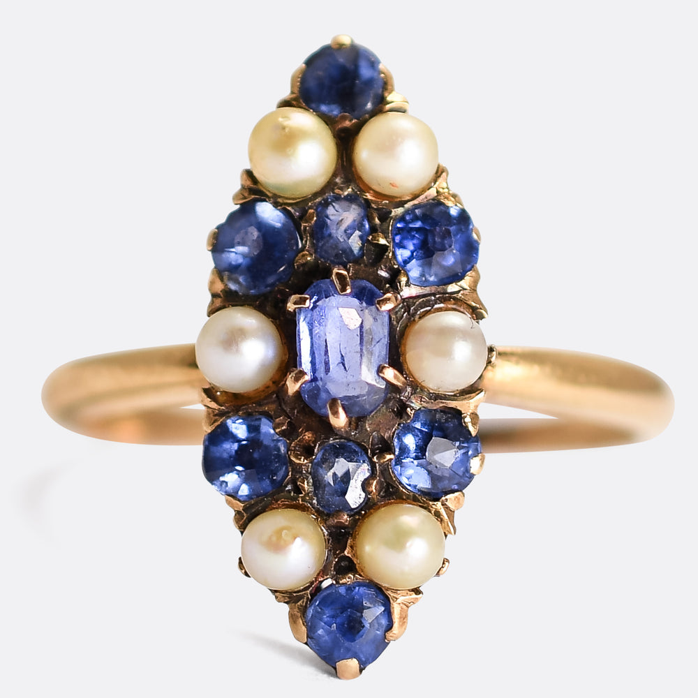 Victorian Sapphire & Pearl Navette Ring