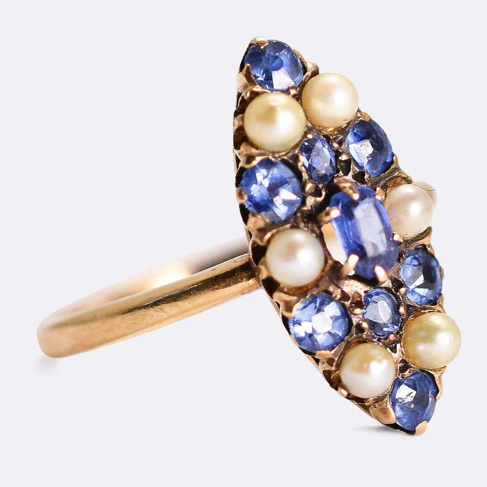 Victorian Sapphire & Pearl Navette Ring