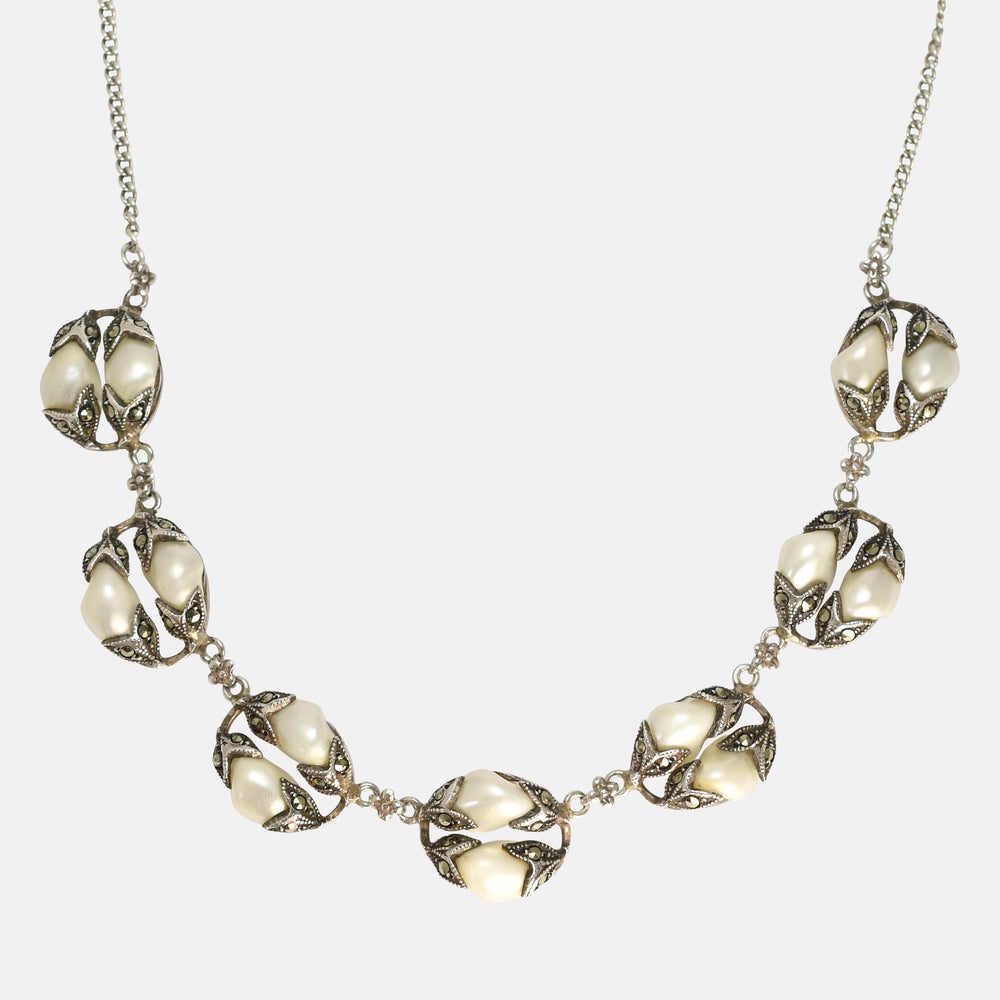Victorian Teeth & Marcasite Silver Necklace
