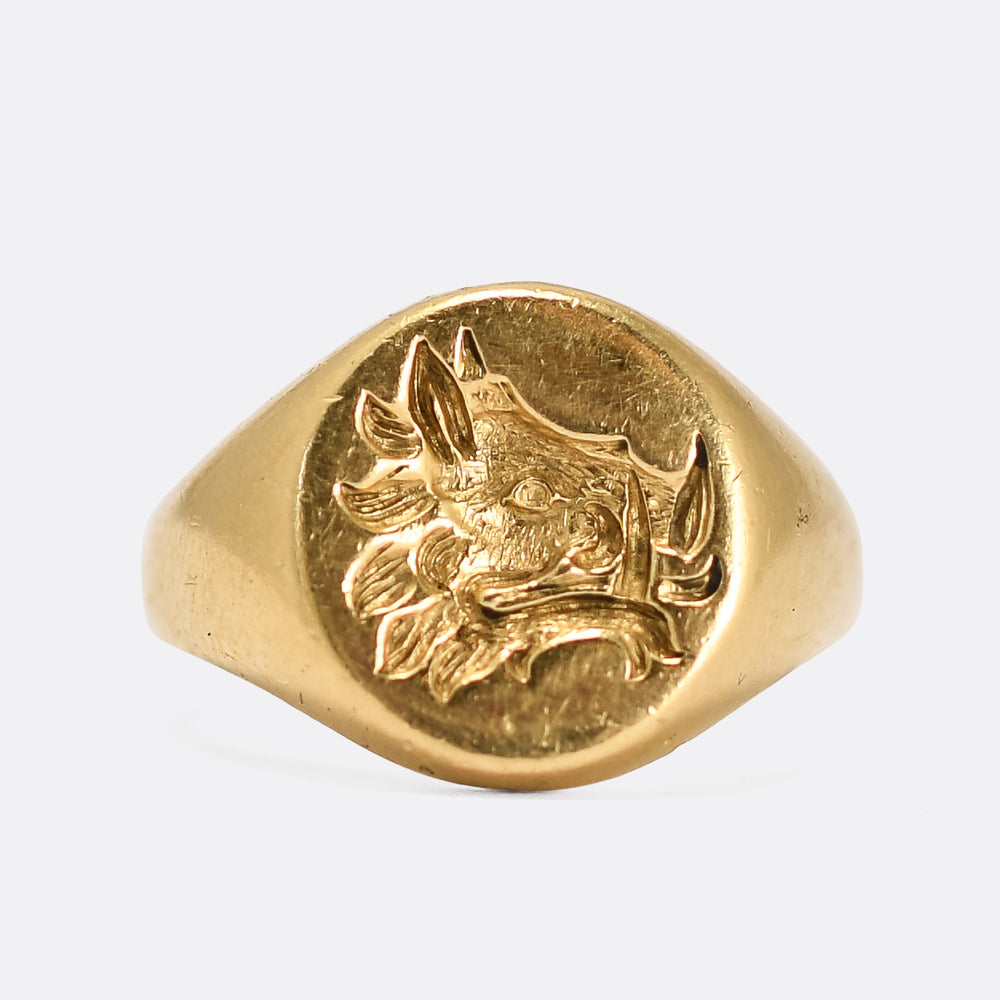 Vintage 18k Gold Boar-Head Crest Signet Ring