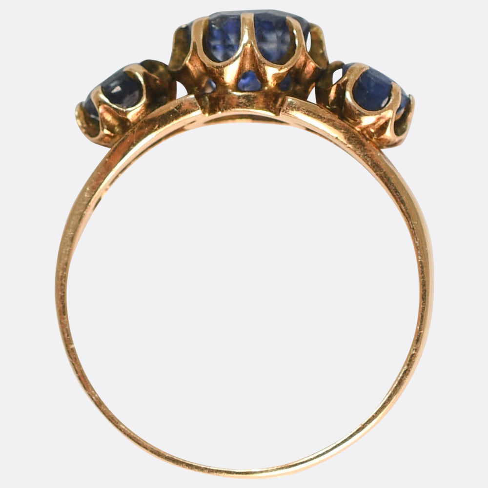 Vintage Blue Spinel 3-Stone Rose Gold Ring