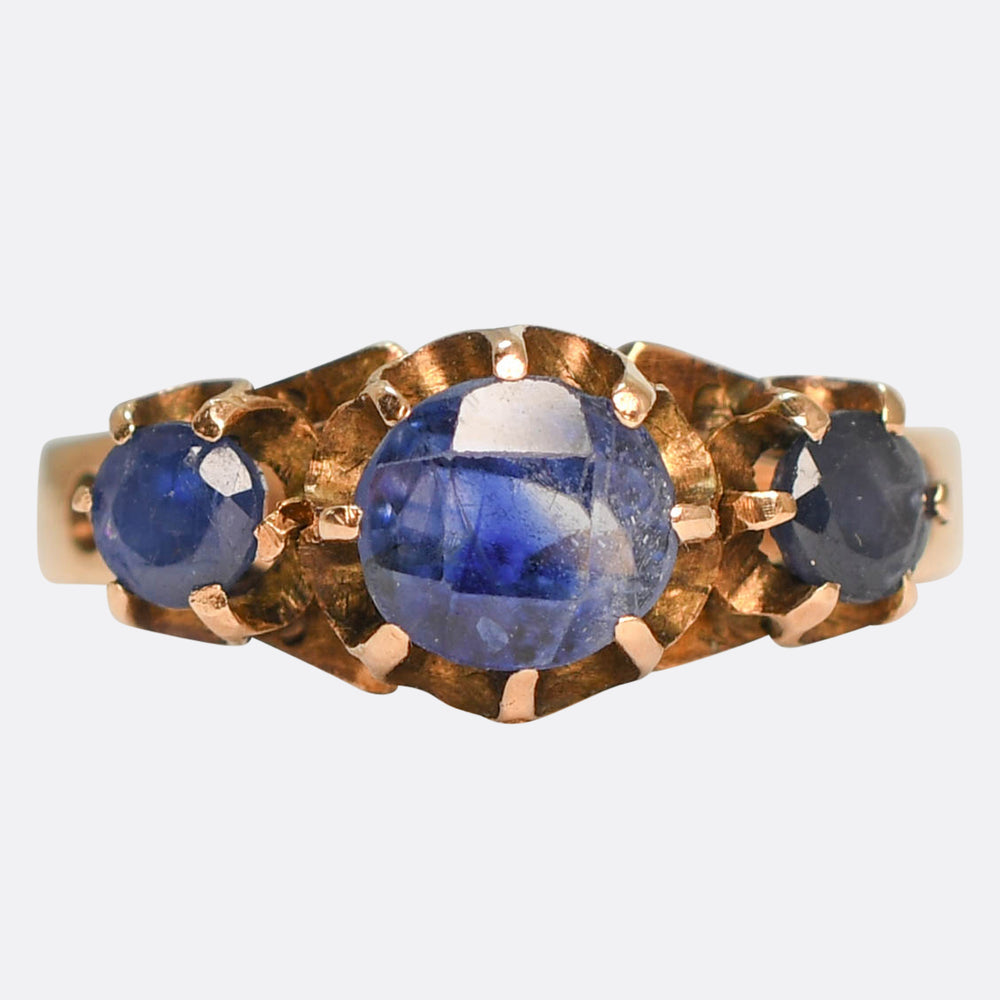 Vintage Blue Spinel 3-Stone Rose Gold Ring