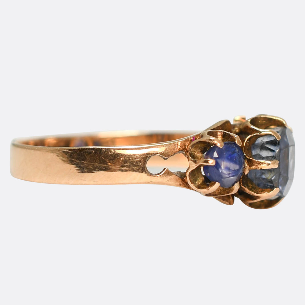 Vintage Blue Spinel 3-Stone Rose Gold Ring