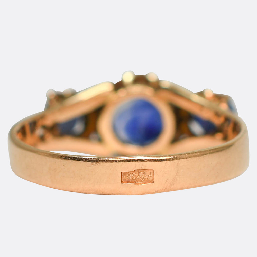 Vintage Blue Spinel 3-Stone Rose Gold Ring