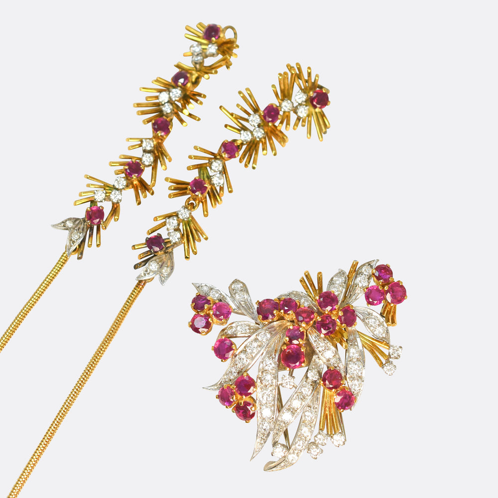 Vintage Boxed Ruby & Diamond Floral Spray Necklace