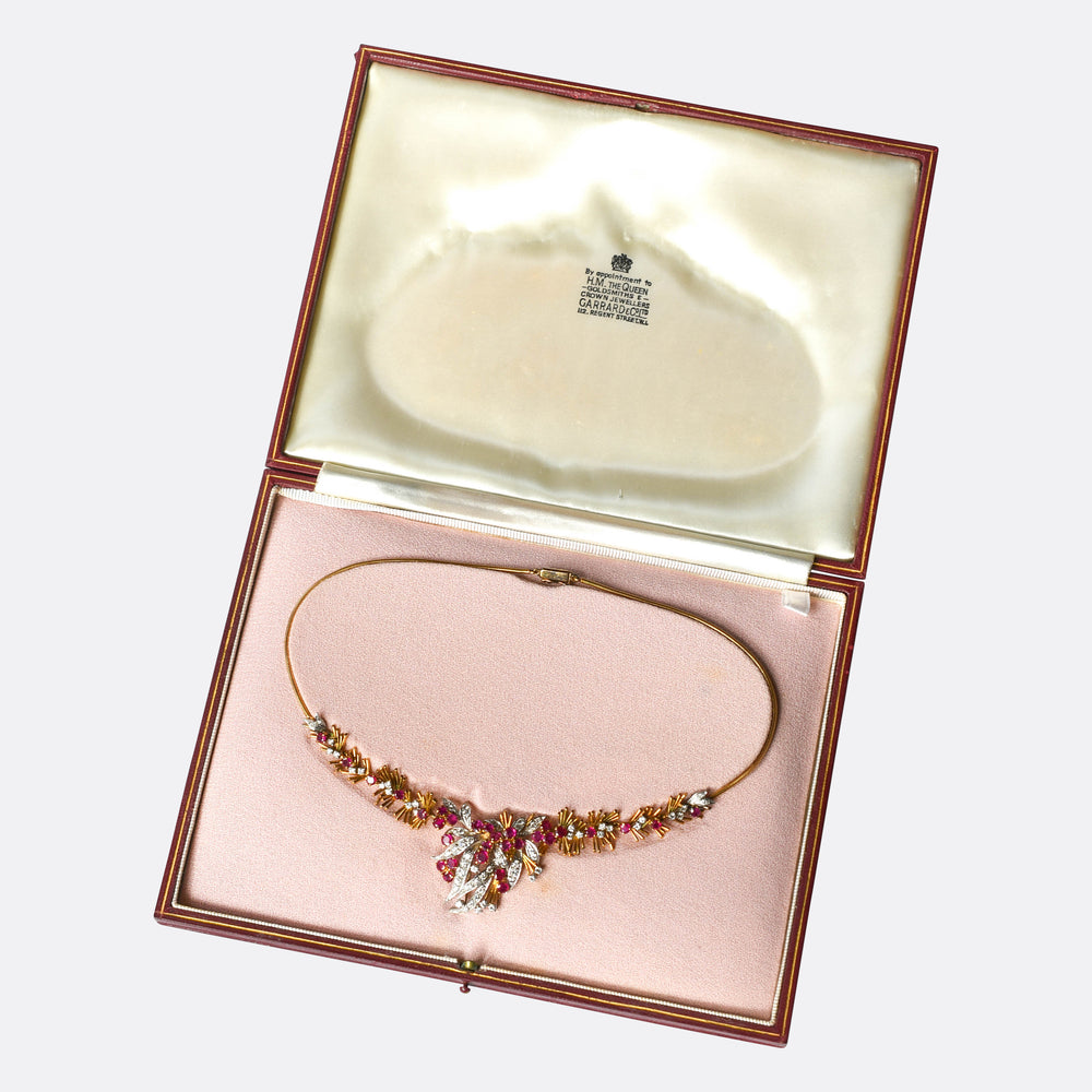 Vintage Boxed Ruby & Diamond Floral Spray Necklace