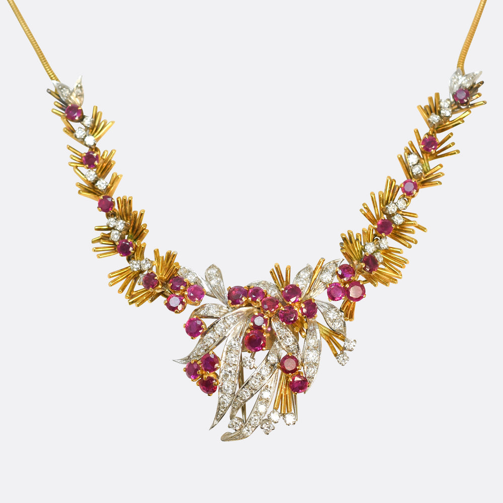 Vintage Boxed Ruby & Diamond Floral Spray Necklace