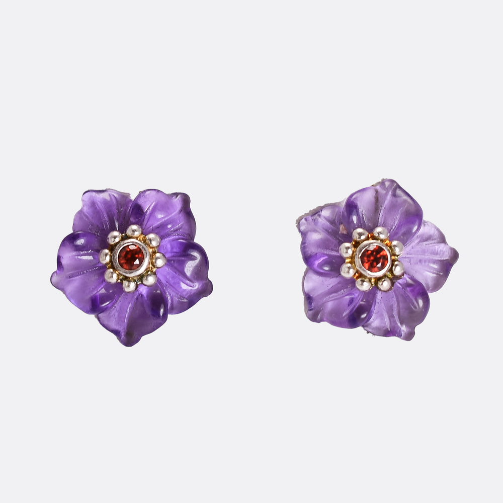 Vintage Carved Amethyst and Ruby Pansy Earrings