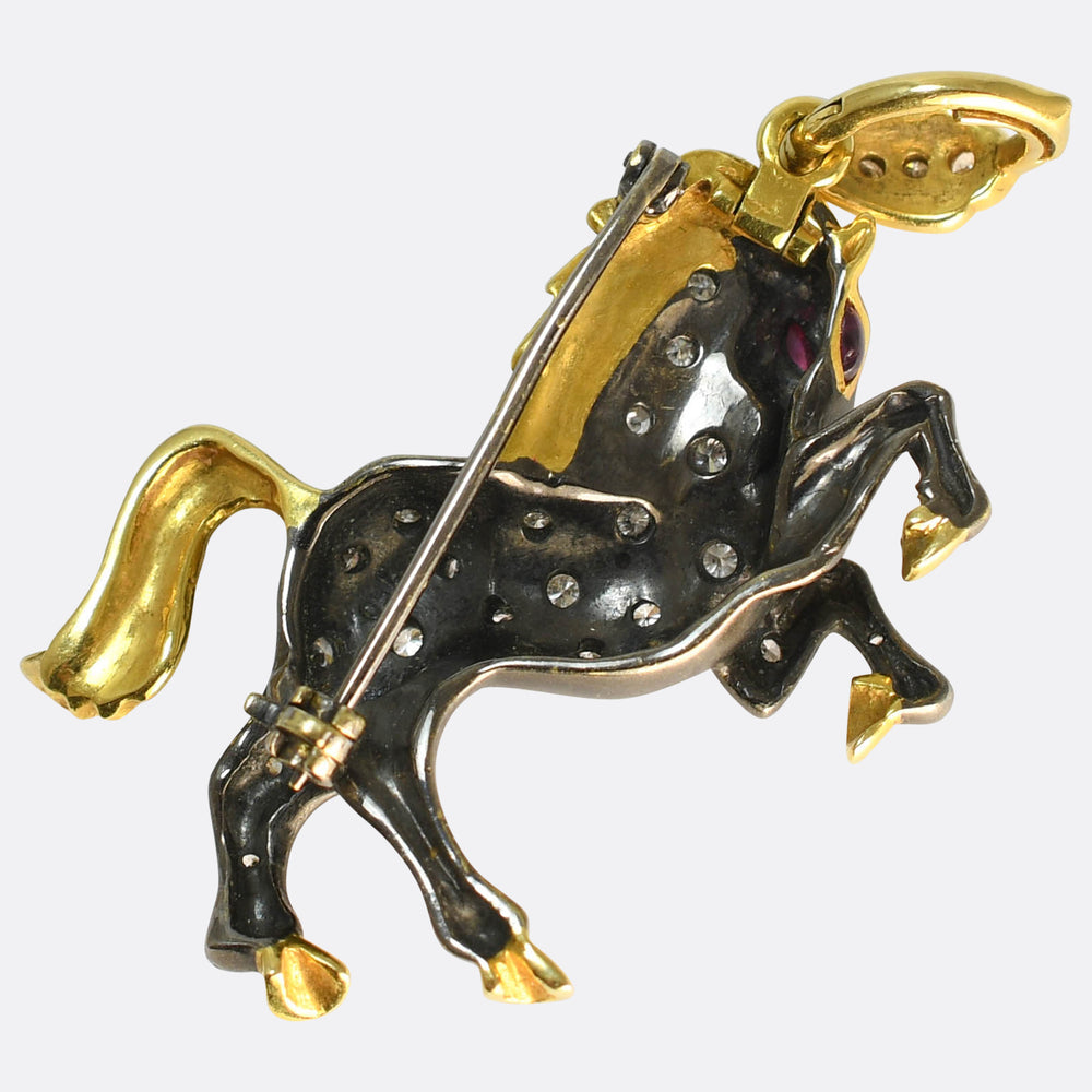 Vintage Diamond & Ruby Horse Brooch Pendant