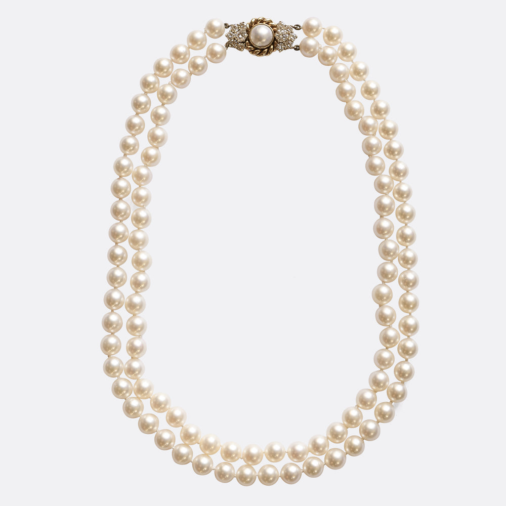 Vintage Double Strand Pearl Necklace with Diamond Clasp