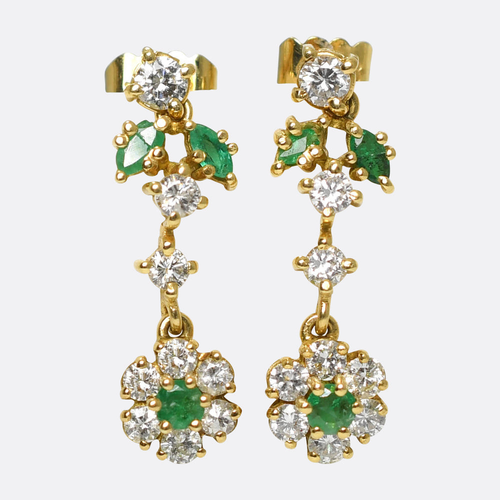 Vintage Emerald & Diamond Flower Drop Earrings