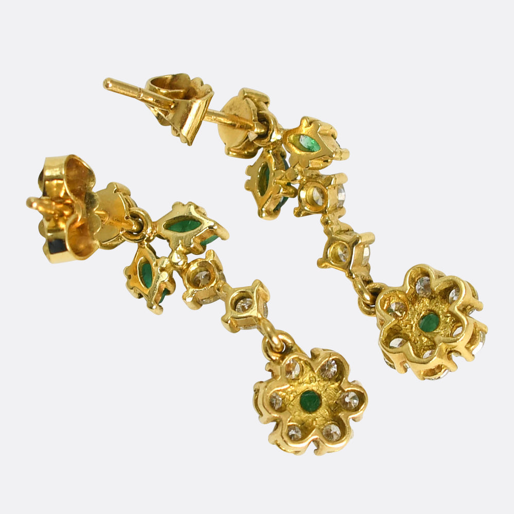 Vintage Emerald & Diamond Flower Drop Earrings