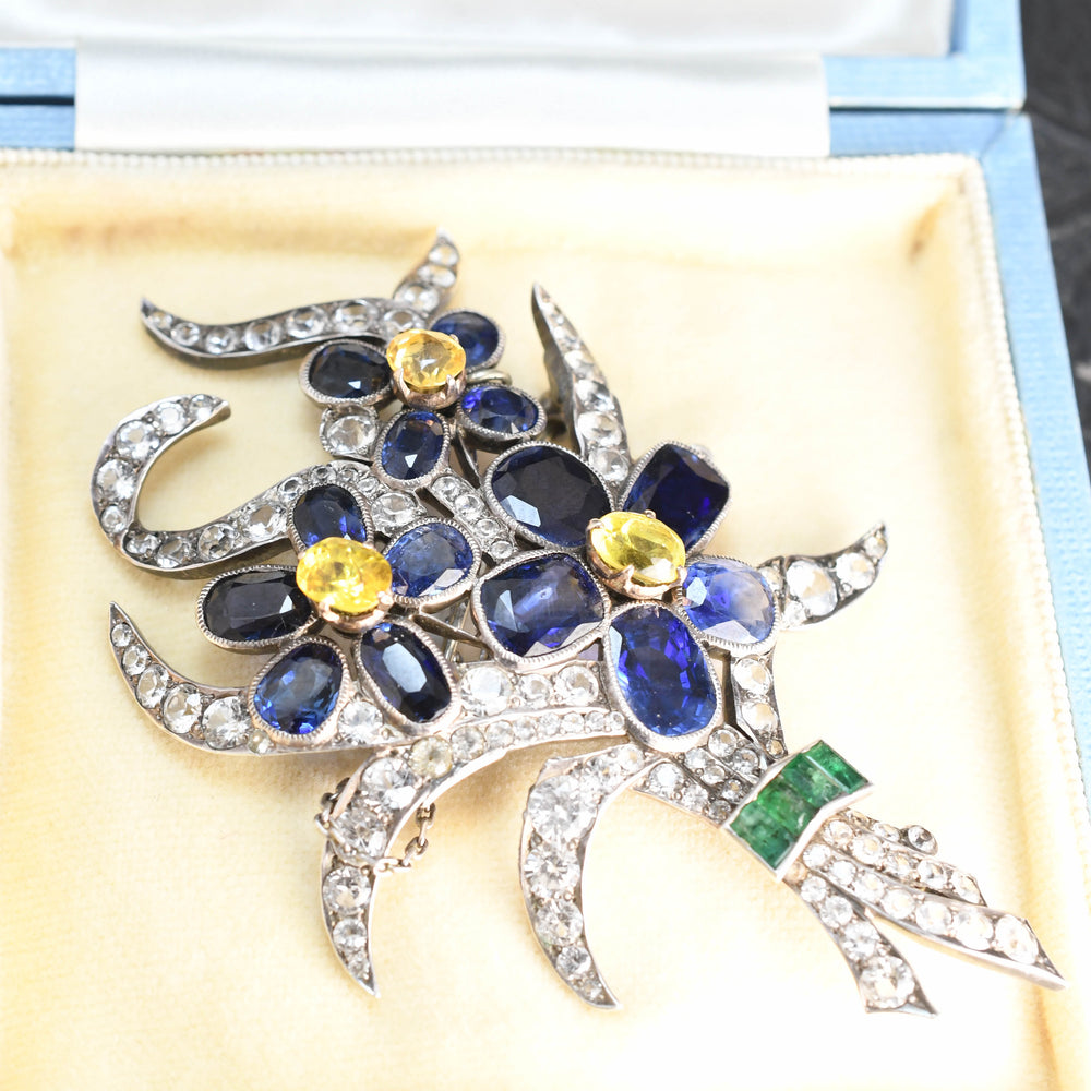Antique multi sapphire flower spray brooch. c1900