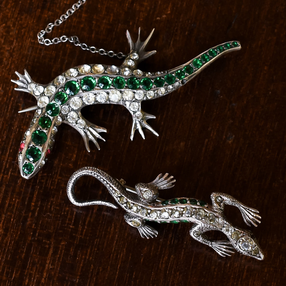 Pair of Green & White Paste Salamander Brooches