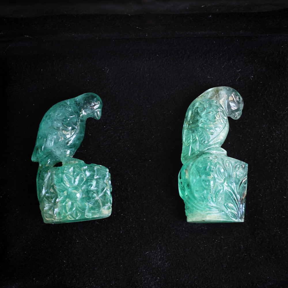 Pair of Carved Emerald Parrots