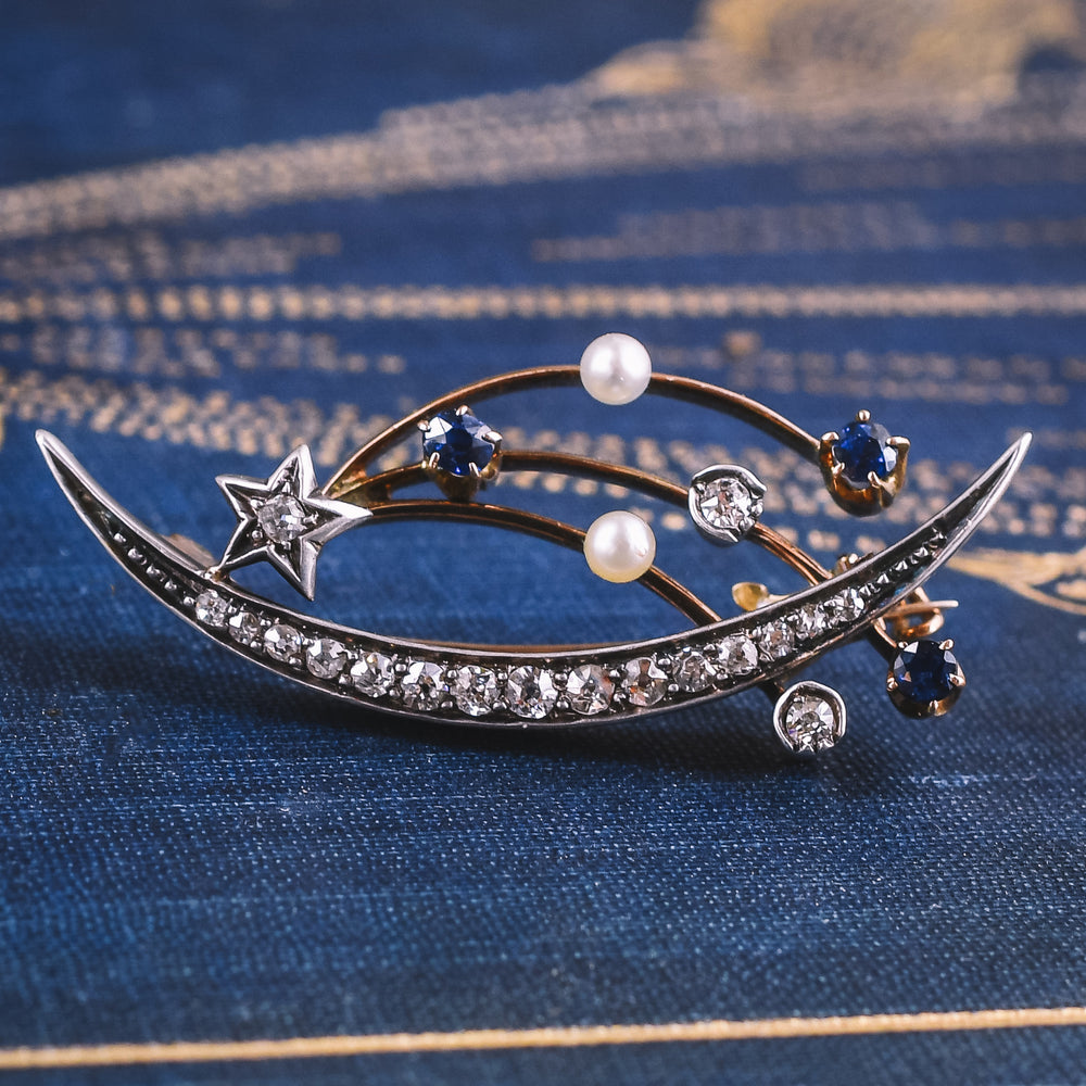 Victorian Celestial Shooting Star & Crescent Moon Brooch