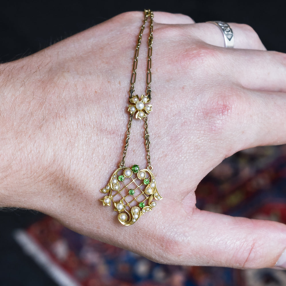 Victorian Pearl & Demantoid Garnet Pendant Necklace