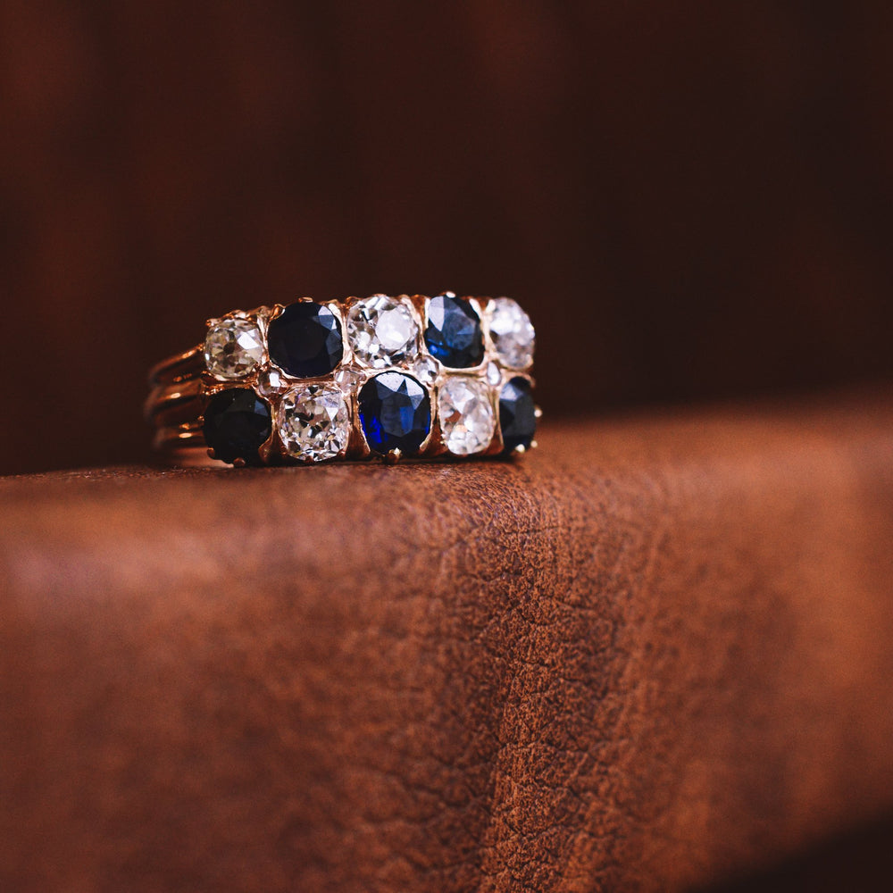Victorian Sapphire & Diamond Rose Gold Chequerboard Ring