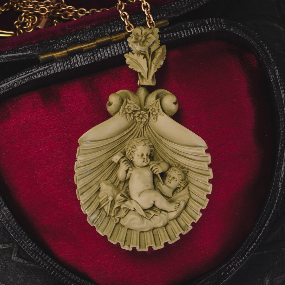 Mid-Victorian Cupid Carving Aphrodite Lava Cameo Pendant