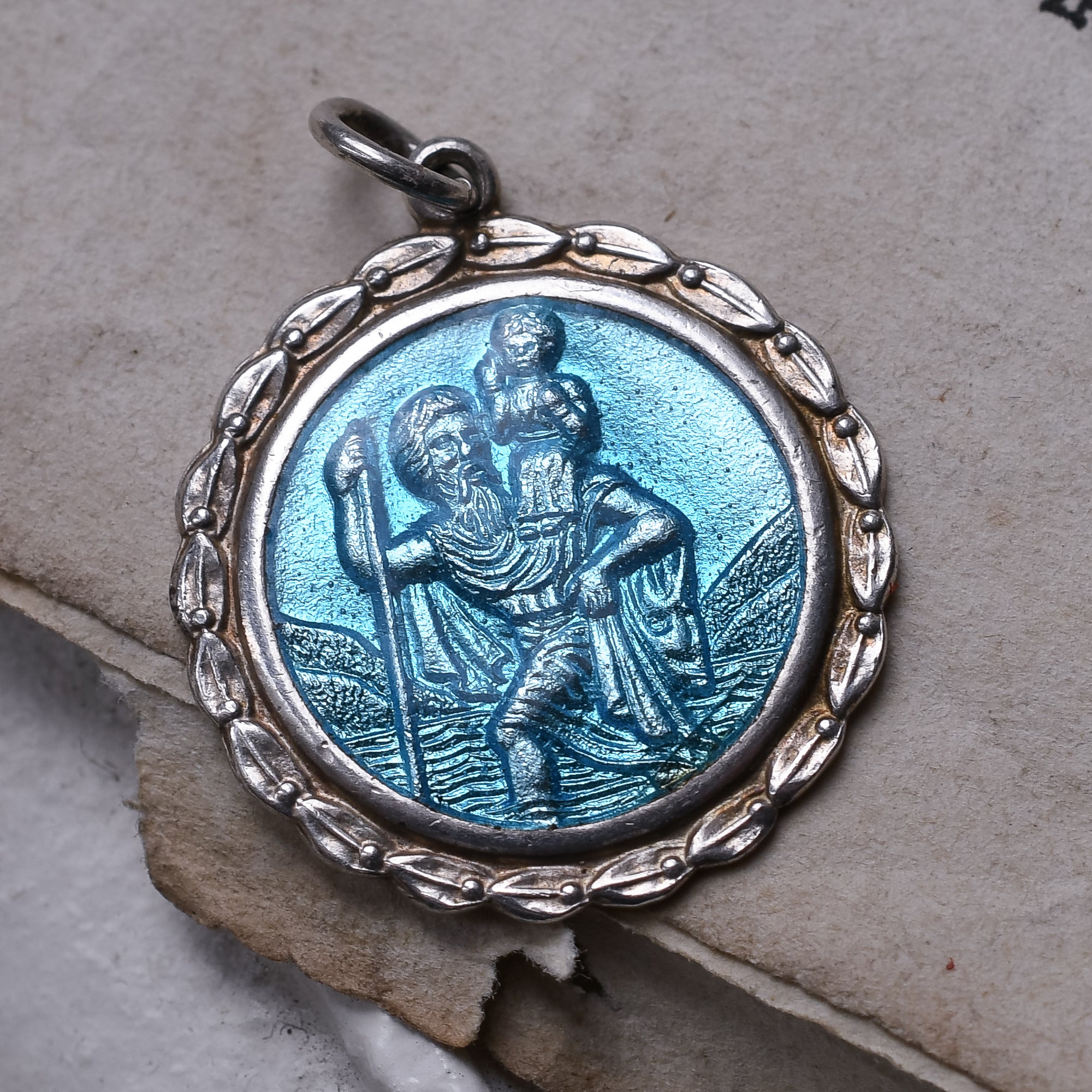 Mid Century Powder Blue Enamel Saint Christopher Pendant Butter Lane Antiques