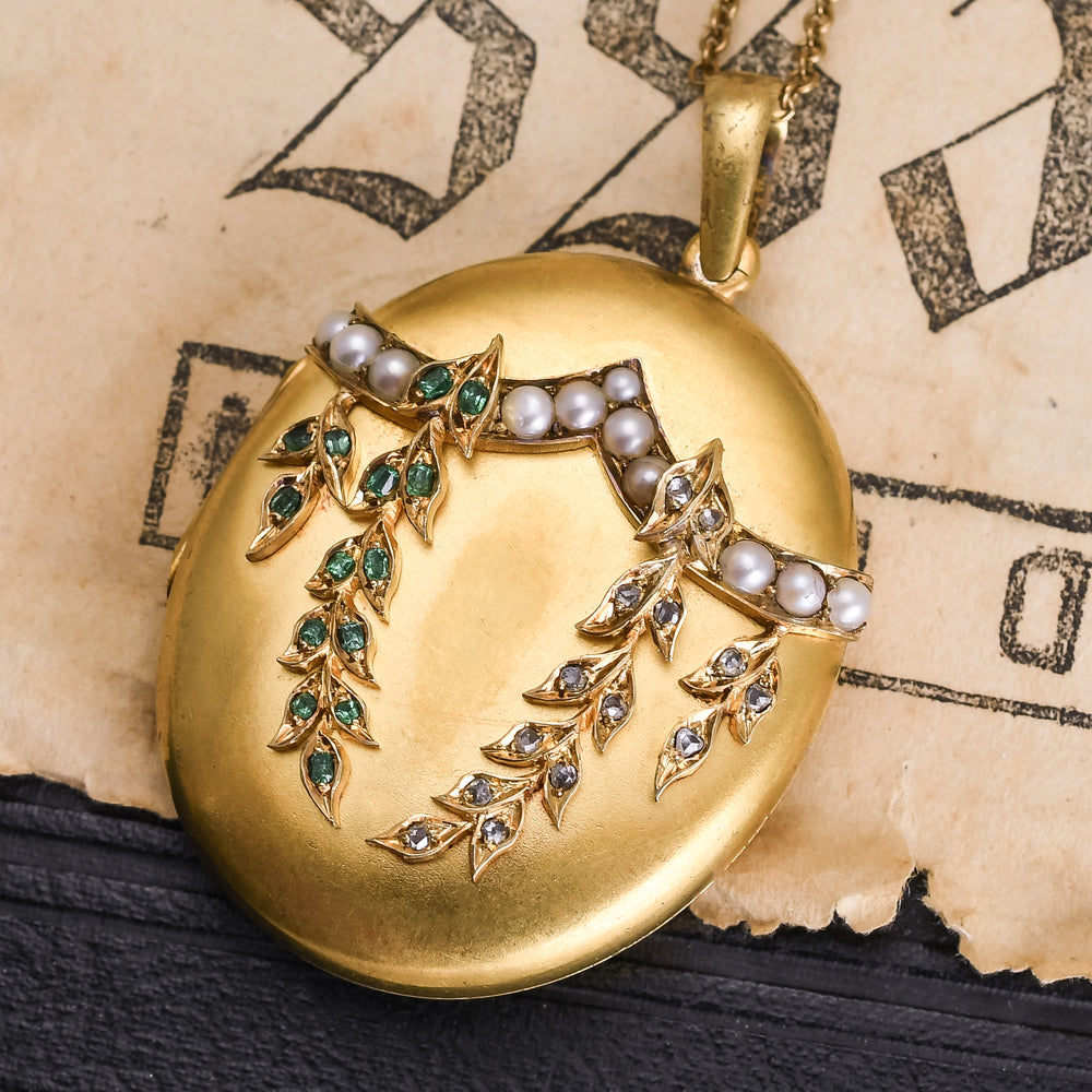Mid Victorian Diamond, Emerald & Pearl Laurel Locket