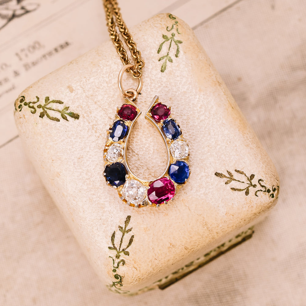 Victorian Ruby, Sapphire & Diamond Horseshoe Pendant