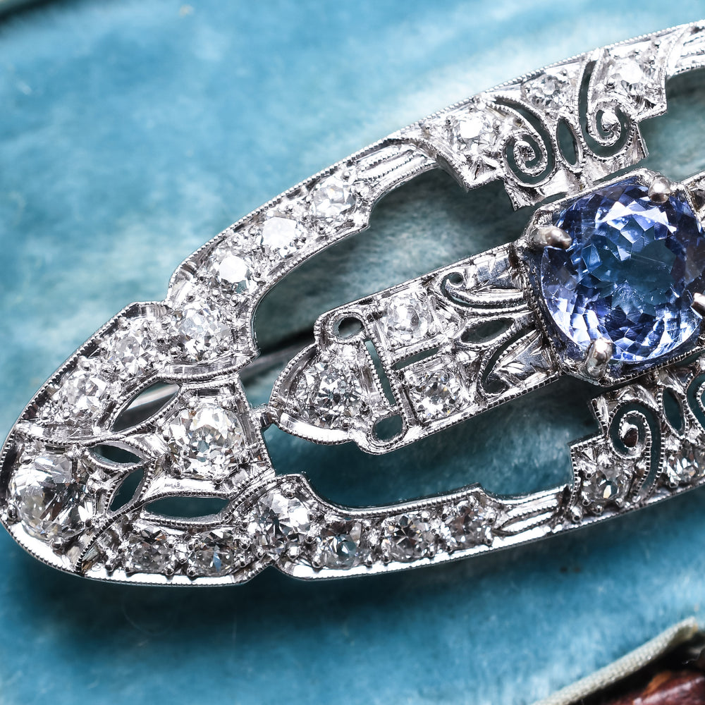 Art Deco Openworked Sapphire & Diamond Lozenge Brooch